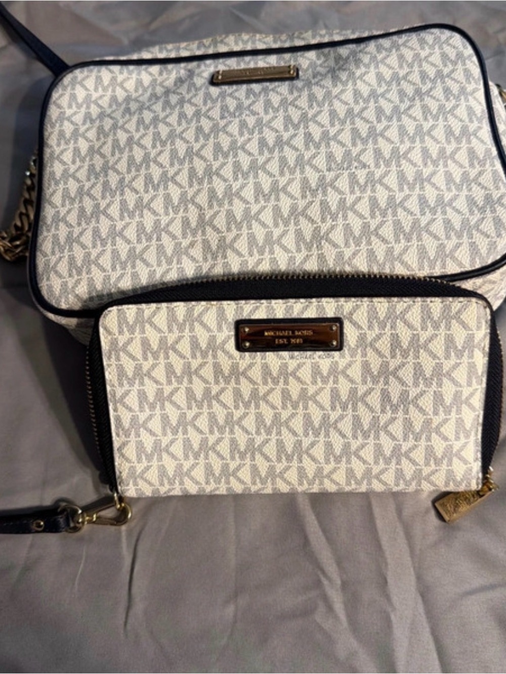 Michael Kors White and Gray Signature MK Crossbody Bag with Wallet